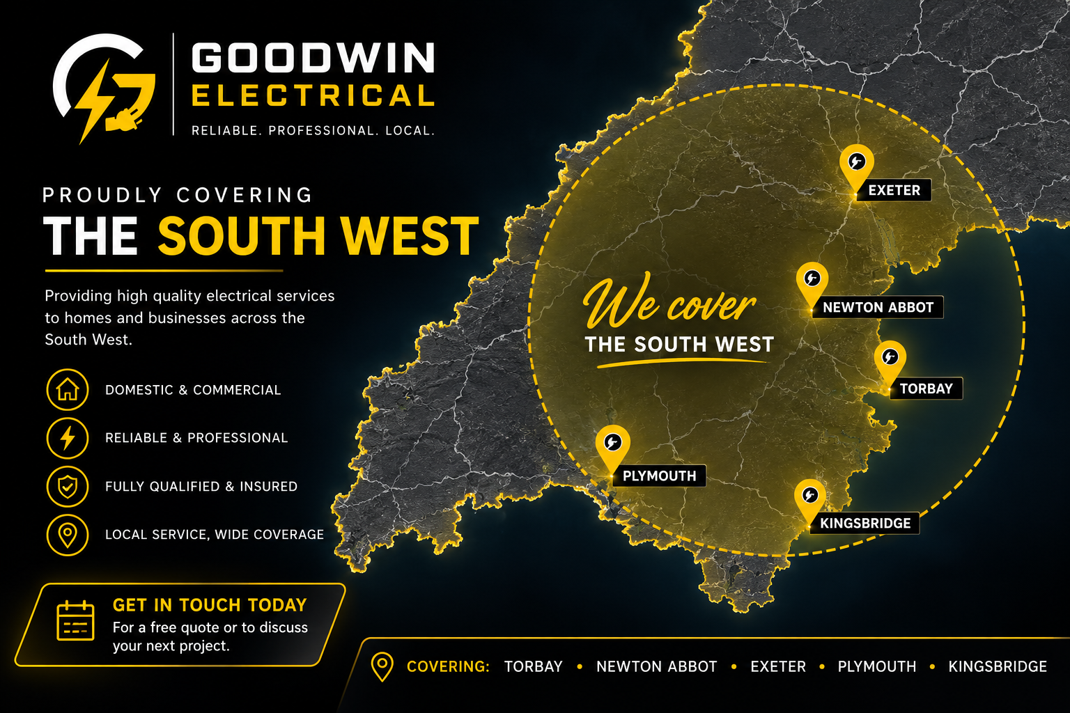 Map showing the South West areas covered by Goodwin Electrical, including Torbay, Newton Abbot, Exeter, Plymouth and Kingsbridge